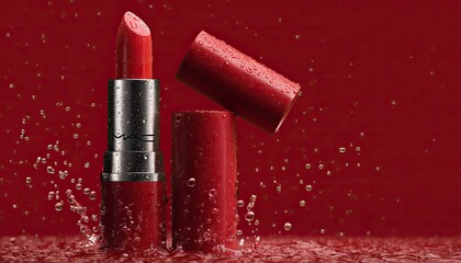 A MAC lipstick and lid sit amidst water droplets on a red background with the logo on the silver middle section