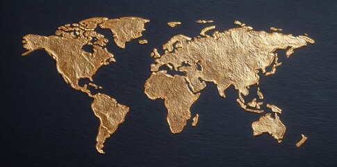 A 3D world map of gold earth is set against a black background, symbolizing global geography, international success, and luxury on a universal scale