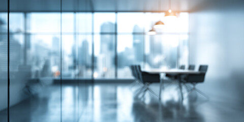 Blurred image of modern office interior, showcasing a conference table and city view, ideal for business presentations or website backgrounds
