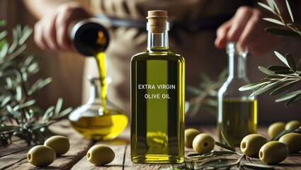 Close-up of a sleek olive oil bottle on a rustic table with fresh olives and branches. In the background, a blurred figure pours into an unmarked bottle, hinting at counterfeit oil production.