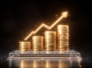The concept of financial growth is represented by an upward 3D arrow on a background related to business, money, finance, investment, economy, profit, success, stock market, increase, currency,