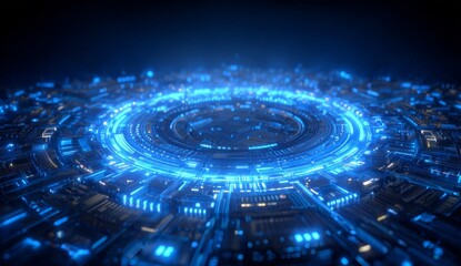 Obraz premium A futuristic digital interface featuring a hologram and abstract background embodies the innovative concept of a computer network, ai, information, and virtual data in cyberspace