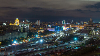 Obraz premium Nighttime panoramic view to Kiev Railway Station timelapse and modern city in Moscow, Russia