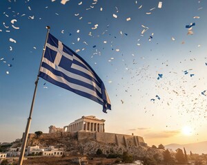 Greek Independence Day 28 October flag celebration with  confetti