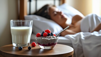 Close-up of chia pudding with berries beside a glass of milk on a wooden nightstand. In the warm, blurred background, a person relaxes in bed, evoking calm and bedtime comfort.