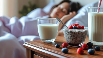 Close-up of chia pudding with berries beside a glass of milk on a wooden nightstand. In the warm, blurred background, a person relaxes in bed, evoking calm and bedtime comfort.