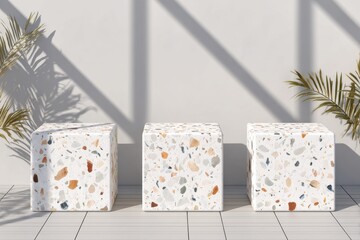 A blank luxury stand presentation pedestal backdrop is set against a white terrazzo podium 3d background platform with a modern design empty scene template for a beauty exhibition or advertising