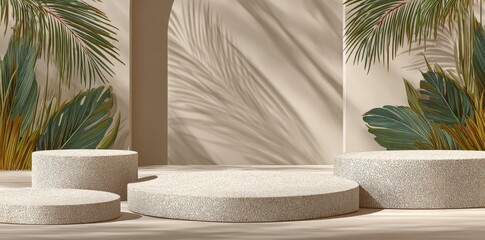 The studio stand features a summer podium display product on a minimal wall with a 3D stage, abstract light shadow, and a beige background, highlighting a modern and natural presentation of cosmetic