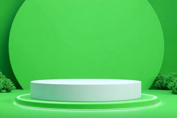 A blank studio setting incorporates a minimal green podium product presentation 3d background with an empty pedestal stage display mockup scene platform stand for a modern cosmetic show advertising