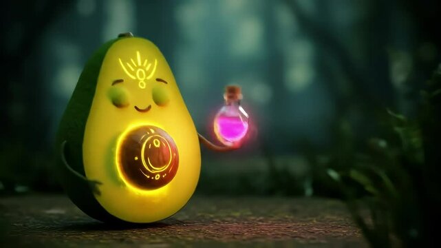 Avocado character holding potion bottle