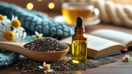 Close-up of a wooden spoon with chia seeds beside a bottle of omega-3 oil. Warm lighting and background elements like chamomile tea, blanket, and book evoke calm, relaxation, and stress relief.