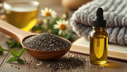 Close-up of a wooden spoon with chia seeds beside a bottle of omega-3 oil. Warm lighting and background elements like chamomile tea, blanket, and book evoke calm, relaxation, and stress relief.