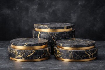 A premium cosmetic scene studio template featuring a black gold podium luxury product display situated on a 3D stone background with a minimal empty marble pedestal serving as a presentation rock