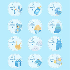 Baby milestone cards Blue round month cards with baby elements It's a boy
