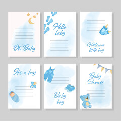 Naklejka premium Cute greeting cards for baby boy announcement with blue flat illustrations Its a boy