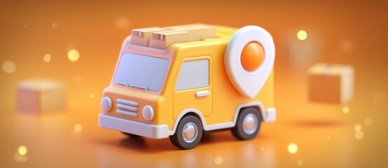 A cargo transport car service is depicted in isolation on a yellow 3D background, symbolizing the concept of transportation business and shipping, with a focus on freight packages and logistic