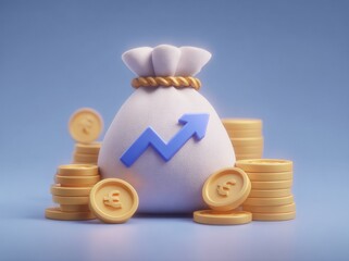 Conceptual representation of financial growth and investment profit in 3D, including assets, stocks, and revenue