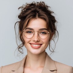 A professional portrait of a smiling young woman wearing glasses, suitable for a profile picture, online dating profile, or personal blog, presenting an authentic and natural look