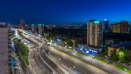 Traffic on avenue Marshal Zhukov timelapse in Moscow at night