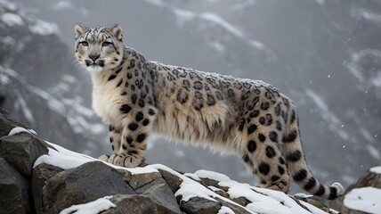 Fototapeta premium A full body shot of a snow leopard standing in a snowy environment, showcasing its long tail and well-camouflaged fur. The animal is looking towards the right, seemingly observing its surroundings.
