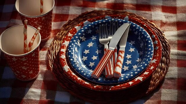 Festive picnic setting with red white blue plates and cutlery