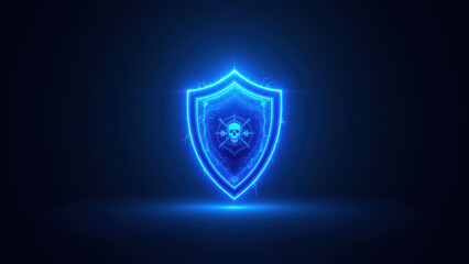 A vibrant blue shield emblem representing cyber security and protection against online threats.