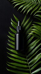 Dropper Bottle with Green Palm Leaf on Dark Backdrop for Beauty Product Display