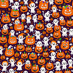 Joyful Halloween kids with treat bags and pumpkins, festive fun