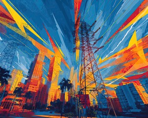 Vibrant urban skyline with electric energy.