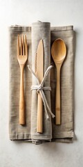 Wooden Utensils on Rolled Napkin
