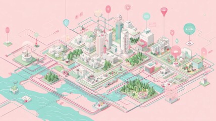 Stylized cityscape with modern architecture.