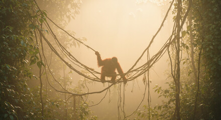 Orangutan swinging on jungle vines at sunrise – wildlife photo for eco blogs and travel storytelling