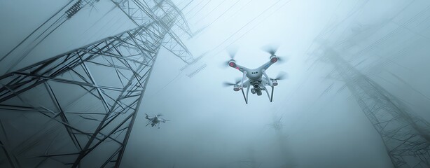 Drones flying near electric pylons in mist.