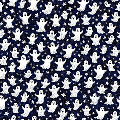 Whimsical ghost pattern with stars on dark background, playful decor