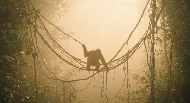 Orangutan swinging on jungle vines at sunrise – wildlife photo for eco blogs and travel storytelling