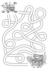 Maze activity sheet for children. Cute maze for kids. Kids labyrinth puzzle. Black and white maze puzzle game for children with illustration of diver.