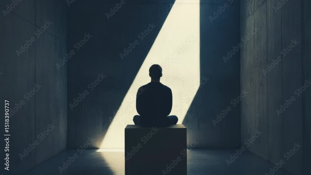 Aufkleber a person sitting on a box in a room with simple background