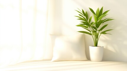 A serene interior scene featuring a greenery plant and a soft cushion, bathed in natural light, Ideal for home decor, wellness, or relaxation themes, Perfect for blogs, magazines, or ads,