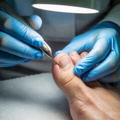 Close-up image of a professional podiatrist performing medical pedicure on a patient's toenails with sterile tools and gloves, ideal for healthcare, dermatology, and foot care service promotions
