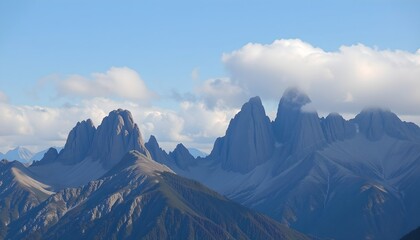Obraz premium strange shaped mountain peaks with soft clouds and open blue sky