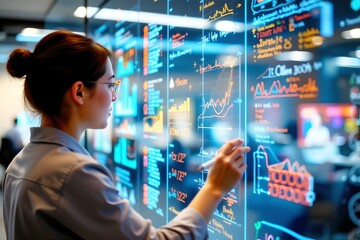 corporate strategist writing on transparent board, focused lighting