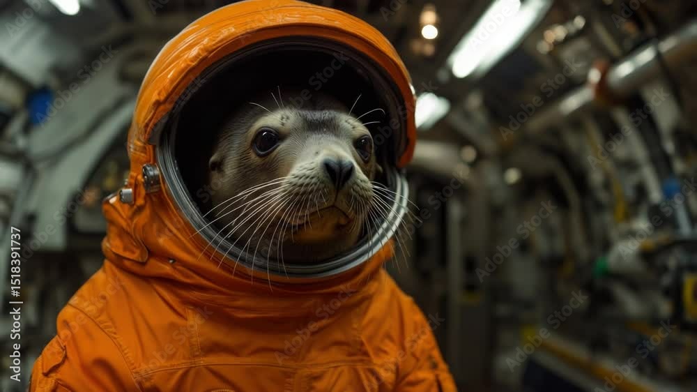 Poster a close-up shot of a seal wearing a futuristic space suit, highlighting its curiosity and exploratio