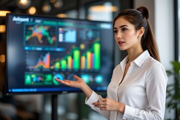 young businesswoman pitching marketing strategy, digital display in background