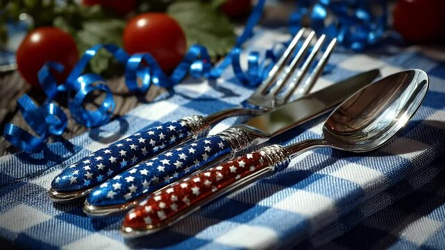 Festive table setting with silverware and patriotic decor