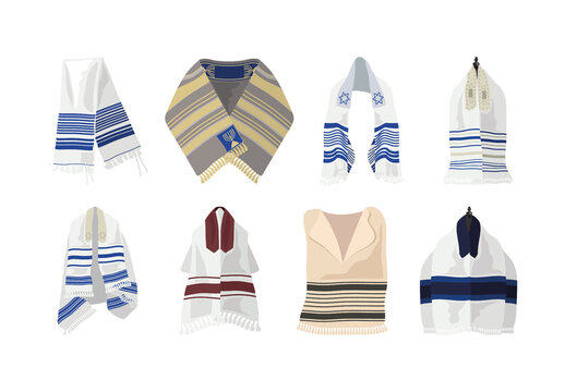White And Blue Jewish Tallit Traditional Prayer Shawl Illustrations Set