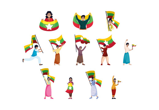 Colorful Myanmar Independence People Celebrating Illustrations Set