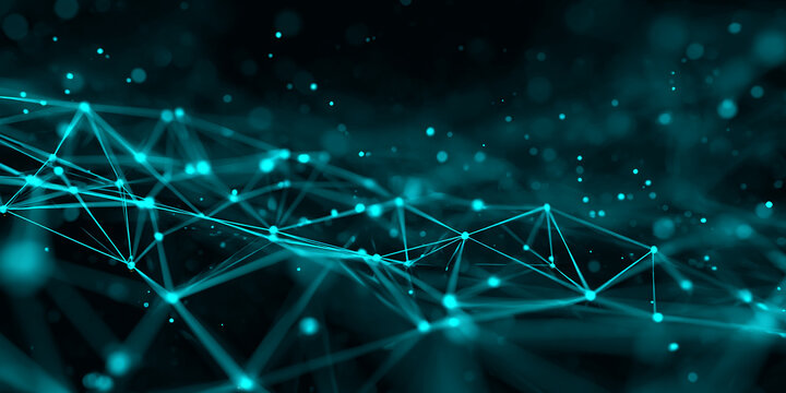 Abstract teal network pattern, glowing nodes and lines on dark background, representing connection, technology, or data flow