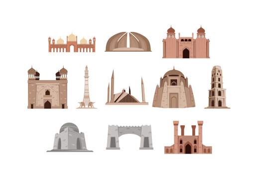 Colorful Pakistan Landmarks Architecture Heritage Monuments Illustrations Set