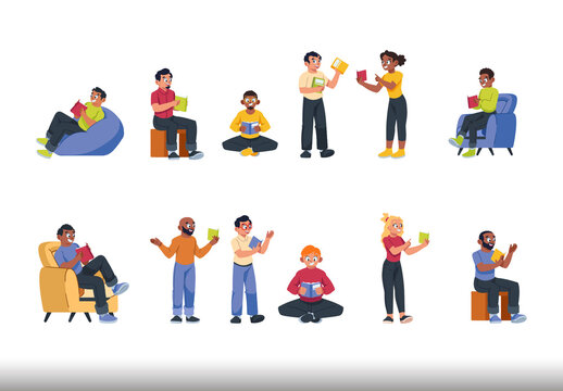 Colorful People Reading Books Characters Illustrations Set