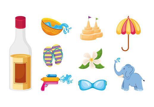 Colorful Songkran Elephant Water Festival Summer Illustrations Set